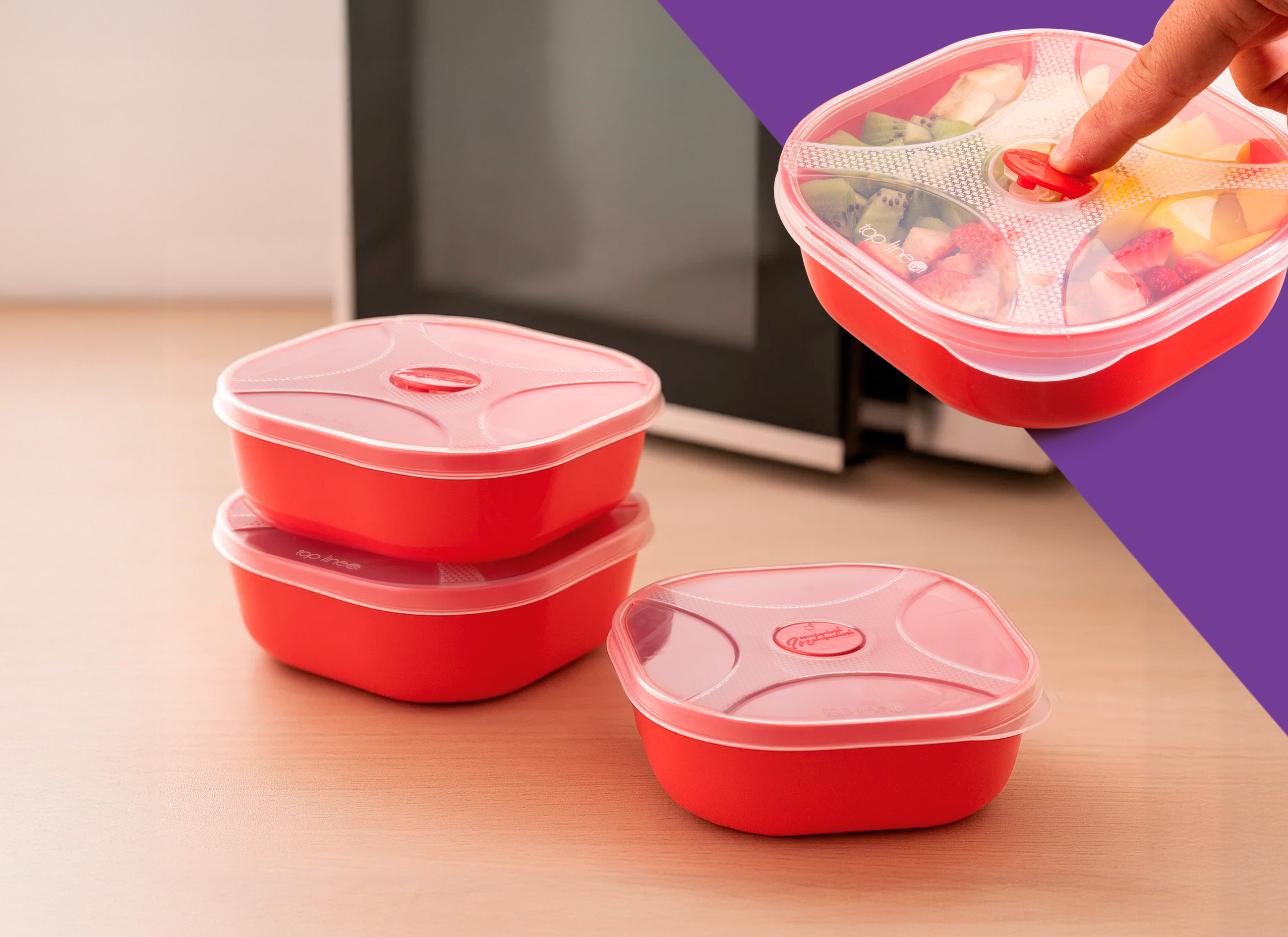 organizador multiúso quadrado 520 ml com válvula de micro-ondas para alívio de calor