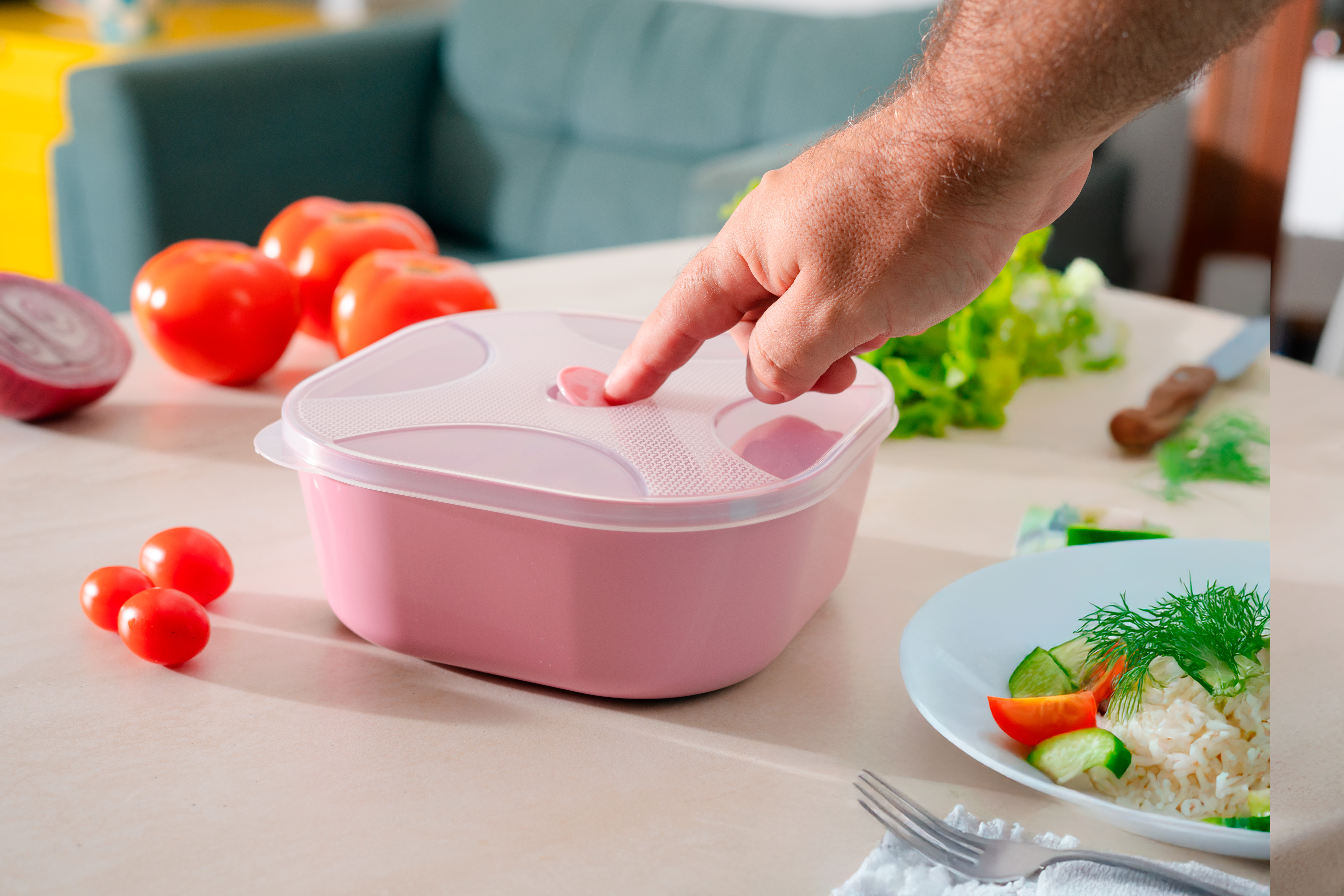 organizador multiúso quadrado 1,4 L com válvula de micro-ondas para alívio de calor